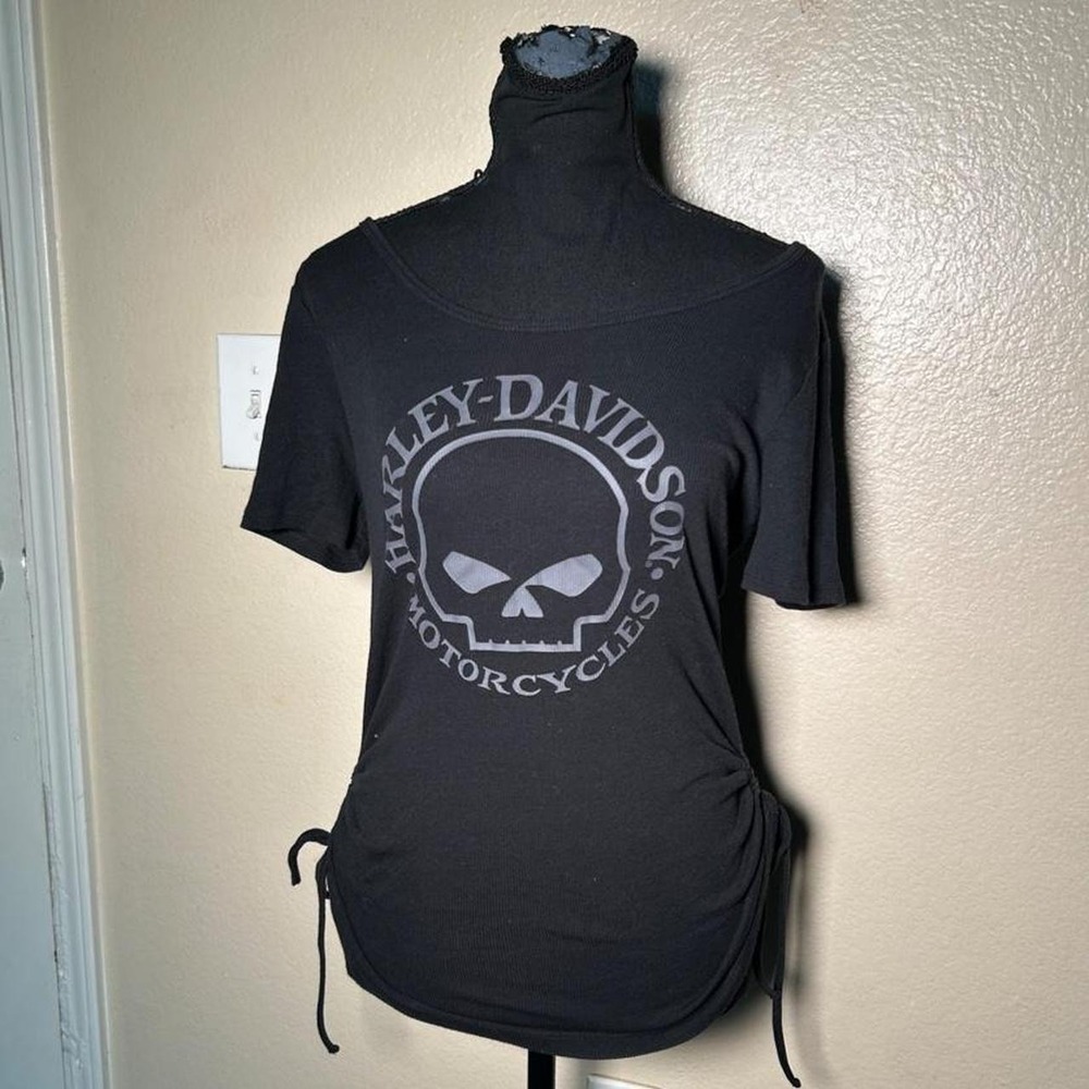 Harley Davidson Skull Ruched Sides T Shirt Black Y2K Biker Graphic Tee M L